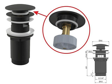 Водослив для умывальника click/clack 5/4, цельнометаллический с большой чёрной заглушкой, Alcaplast A392BLACK