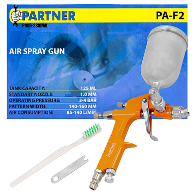 Краскораспылитель мини с боковым метал. бачком 125 мл, 1.0 мм, 2.0 bar, 50-100 л/мин, присоед. резьба 1/4'' Partner PA-F2