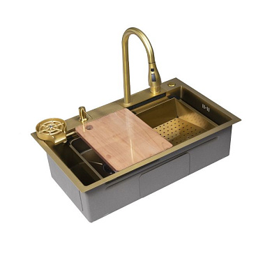Мойка н/сталь, прямоугольная одночашевая, со смесителем, 750*450мм, золото, PVD покрытие, врезная на/вровень столешнице, AKS (3,2мм) 112681