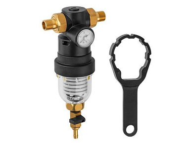 Фильтр самоочищающийся 1/2" нар., с манометром, промывной латунный ступенчатый AV Engineering AVE115701KG