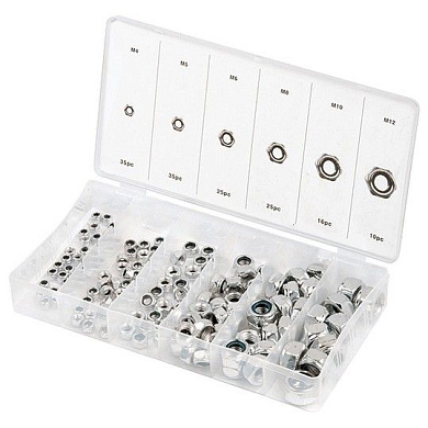 Набор гаек М4, М5, М6, М8, М10, М12, самоконтрящиеся 146 пр. Сибртех 47613