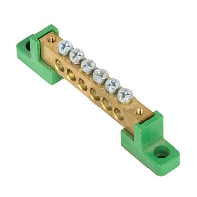 Шина "0" PE 8x12мм 6 отверстий латунь с контактной пластиной 2 зелёных угловых изолятора EKF PROxima sn0-125-06-2-pe