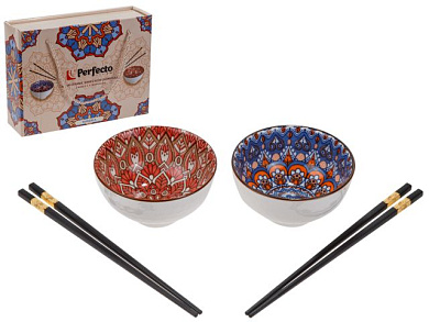 Набор керамических мисок с палочками для еды, 2 миски+4 палочки, серия Mandala, PERFECTO LINEA 30-115001