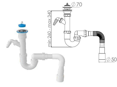 Сифон для кухни прямоточный с выпуском 70 мм, с гибкой трубой 1 1/2" - 40/50 мм, AV Engineering AVE129762