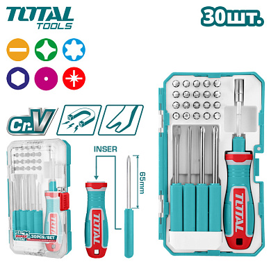 Отвертка с набором бит PH, PZ, SL, Torx, HEX 30 пр TOTAL TACSD30306