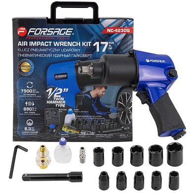 Гайковерт пневматический ударный 1/2'' 690Нм, с набором инструментов 17 пр Forsage F-NC-4230Q