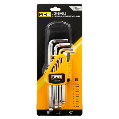 Набор ключей Г-образных HEX (6-гр) длинных с шаром, 10 пр., 1.27-10 мм JCB JCB-5102LB