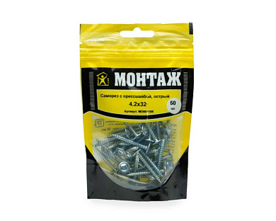 Саморез с прессшайбой 4.2x32, острый, цинк, дой-пак S, 50 шт МОНТАЖ MD001108