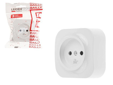 Розетка 1-ая, открытая, б/з белая, Bailly, LEIDEN ELECTRIC 806003
