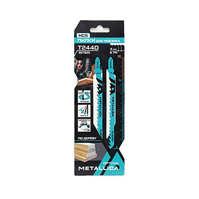 Пилки д/лобзика Optima T244D, 100/75мм шаг 4мм, HCS грубый крив. груб. рез, по дер. 2шт METALLICA 907825