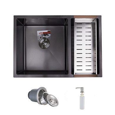 Мойка нерж. сталь, прямоугольная двухчашевая, 750*510мм, черный, универсальная (3,2мм) AKS 79256