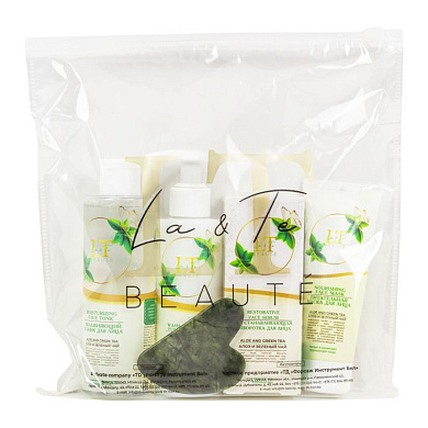 Набор Алоэ и зеленый чай, маска для лица, сыворотка для лица, гель-пилинг для умывания, тоник для лица, скребок гуаша La and Te beaute LT-42