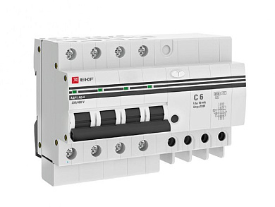 Дифференциальный автомат АД-4 6А/10мА (х-ка C, АС, электронный) 4,5кА EKF PROxima DA4-06-10-pro