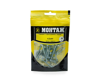 Саморез с прессшайбой 4.2x41, сверло, цинк, дой-пак S, 30 шт МОНТАЖ MD001117