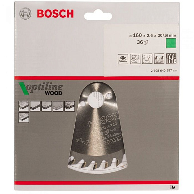 Пильный диск Optiline Wood 160х20/16 мм Z36 BOSCH 2608640597