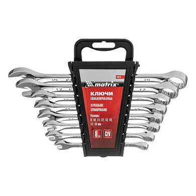 Набор ключей комбинированных, 8-19 мм, 8 шт., CrV, полированный хром Matrix 15418