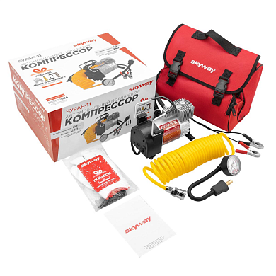 Компрессор металлический 60 л/мин с крокодилами БУРАН-11 (3 насадки) Сумка, 10атм + подарок SKYWAY S02001024