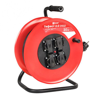 Удлинитель на катушке "Гефест 2,0" 4 гнезда 20м с заземлением и предохранителем КГ 3*2,5 16А/3,5кВт IP44 PROxima UKG02-16-R325-4-20-IP44
