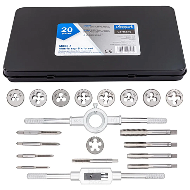 Набор метчиков и плашек метрический 20 пр М3х0.5, М4х0.7, М5х0.8, М6х1, М7х1, М8х1.25, М9х1.25, М10х1.5, М12х1.75 Scheppach Sch-M020-1