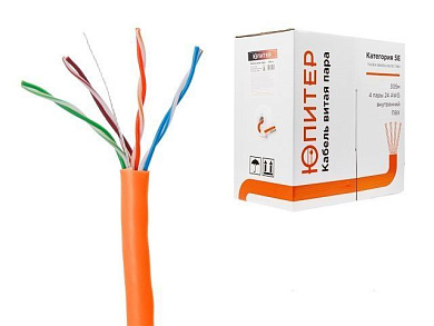 Кабель витая пара U/UTP Cat5E 4х2х24AWG, 0.51мм 305м, CCA, внутр., ПВХ Юпитер JP3002