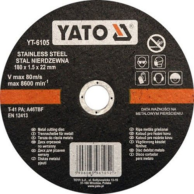 Круг отрезной по нержавеющей стали 180х1,5х22 мм Yato YT-6105