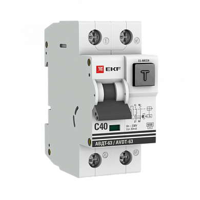 Дифференциальный автомат АВДТ-63 40А/30мА (характеристика C, эл-мех, тип АС) 6кА EKF PROxima DA63-40-30-AC