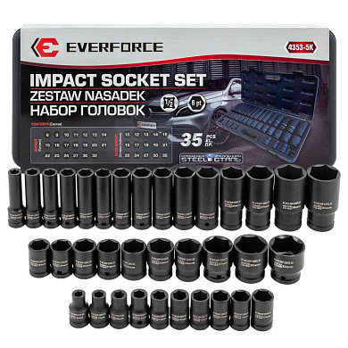 Набор головок 1/2" 35 пр., короткие 38 мм: 8-32 мм, глубокие 78 мм: 10-32 мм EVERFORCE EF-4353-5K