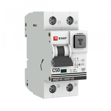Дифференциальный автомат АВДТ-63 50А/100мА (характеристика C, эл-мех, тип АС) 6кА EKF PROxima DA63-50-100em-AC
