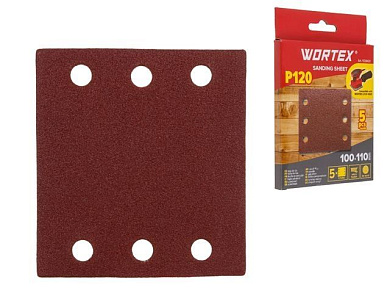 Шлифлист 100х110 мм Р120 д/дерева самосцепл. 6 отв. 5 шт WORTEX 1334431