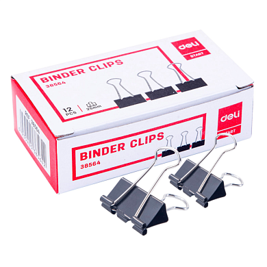 Зажим для бумаг "Deli", 25 мм, 12 штук, черный