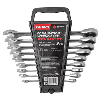 Набор ключей комбинированных трещоточных 9 пр, 8-19 мм PATRON P-51092
