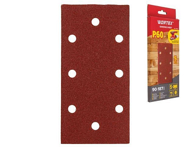 Шлифлист 90х187 мм Р60 д/дерева самосцепл. 8 отв. 5 шт WORTEX 1334432