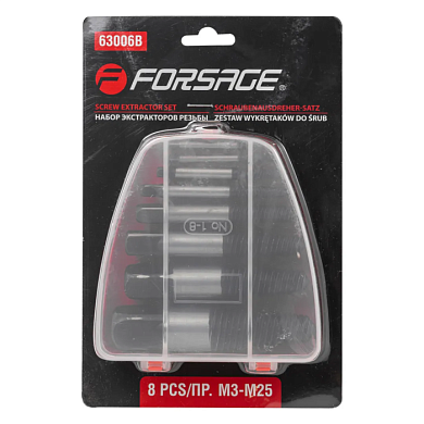Набор экстракторов резьбы HSS 4241 8 пр Ø:3-6, 6-8, 8-11, 11-14, 14-18, 18-22, 20-22, 22-26 мм, ''мелкий шаг'' Forsage F-63006B