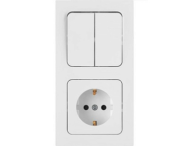 Блок выкл. 2 клав. + розетка, открытая, с/з, брызг. защ. белая, Аструм,