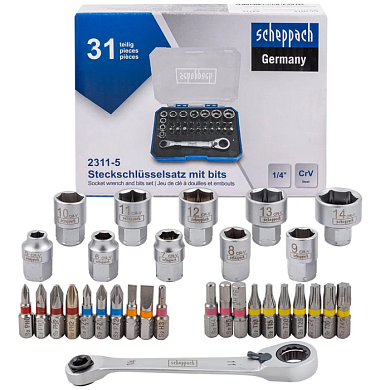 Набор торцевых головок 5-14 мм, бит с ключом-трещоткой 1/4'' 31 пр Scheppach Sch-2311-5
