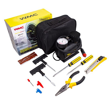 Компрессор автомобильный с набором инструментов для ремонта шин 12V, 18л/мин, 8А WMC TOOLS WMC-011