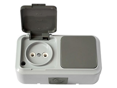 Блок выкл. 1 клав. + розетка (открытая, б/з, брызг. защ.) серая, Пралеска Аква, (IP54 пылебрызгозащищенные) Bylectrica В-РЦ-653(03)