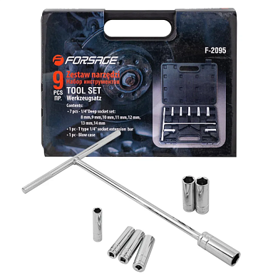Набор глубоких головок 8-14 мм 1/4'' 6-гр с Т-образным воротком 9 пр Forsage F-2095 [набор]