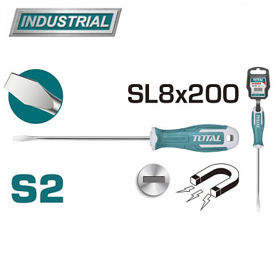Отвертка шлицевая, магнитная SL8 200 мм TOTAL THT268200