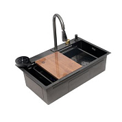 Мойка нерж. сталь, прямоугольная одночашевая со смесителем, 750*450мм, графит, PVD покрытие, (3,2мм) AKS 106651