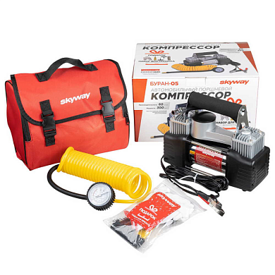 Компрессор металлический 60л/мин 2х поршневой с крокодилами БУРАН-05 в сумке АТМ+подарок SKYWAY S02001001