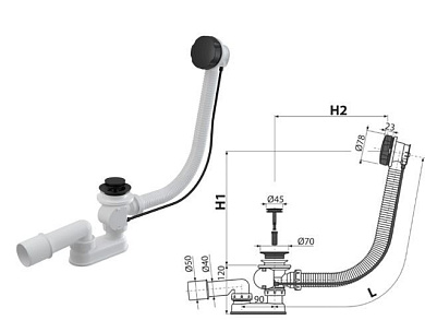Сифон для ванны автомат комплект, черный мат, Alcaplast A55BLACK