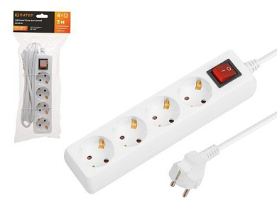 Удлинитель 3 м, 4 роз., 2,2кВт, с/з, выкл, ПВС 3х0,75, Юпитер JP8104-23