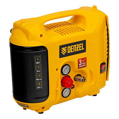 Компрессор воздушный DL1300, 10 бар, 1,3 кВт 180 л/мин 5 л, с набором аксессуаров Denzel 58011