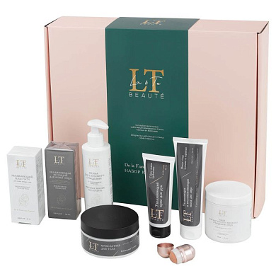 Набор, Увл, эссенция для лица, крем для рук, крем-баттер для тела, увл, патчи для кожи вокруг глаз, пенка для глуб, очищ, со скраб, гранулами, пэды-60шт+массажер La and Te beaute LT3R