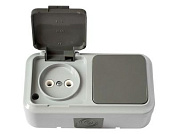 Блок выкл. 1 клав. + розетка (открытая, б/з, брызг. защ.) серая, Пралеска Аква, (IP54 пылебрызгозащищенные) Bylectrica В-РЦ-653(03)