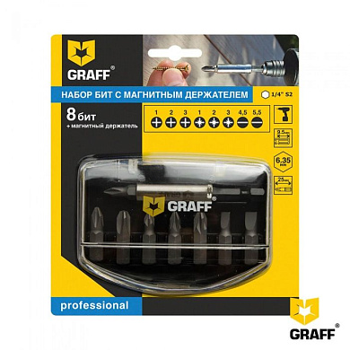 Набор бит PH, PZ, SL, HEX, 1/4'', с магнитным держателем 8 пр. GRAFF 4602
