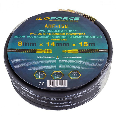 Шланг резиновый воздушный армированный с быстросъемами 10x16 мм, 15 м ILOforce IF-AHF-1510
