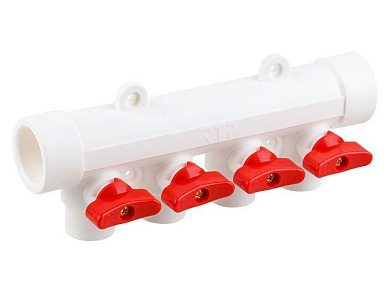 Коллектор с шар. краном красн. PPR 32х20/4, бел., РосТурПласт 28206