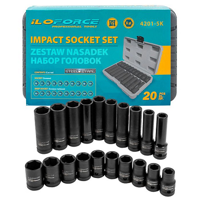 Набор головок 10-19 мм 20 пр., 1/2'' 6-гр. короткие 38 мм/глубокие 78 мм ILOforce IF-4201-5K